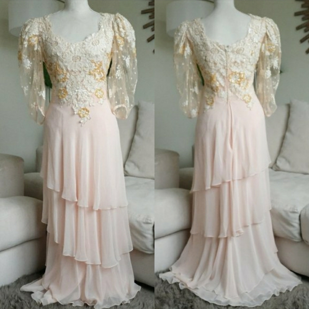 Vtg Judy Hornby Silk and Lace Applique Tiered Maxi Gown - Picture 1 of 12